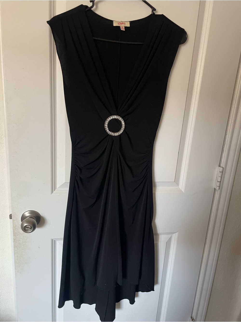 Candie's Black Asymmetrical V-Neck Dress with Rhinestone Ring